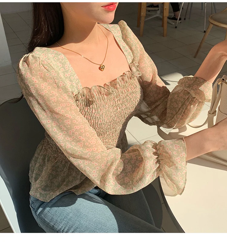 Transparent Vintage Print Shirt Oversize Tops Women Long sleeve Girls Chiffon Blouse Summer Women Blouses New femme Blusas