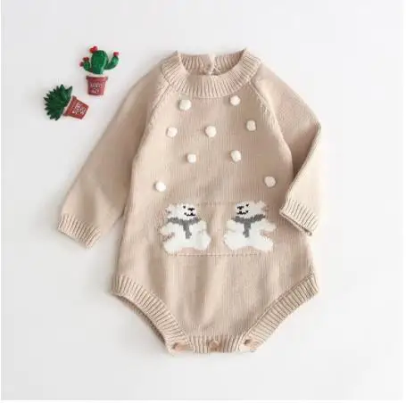 B91H44 Beige Одежда для новорожденных мальчиков трикотажные комбинезоны для новорожденных с рисунком медведя г. Осенняя одежда для девочек Вязаный комбинезон для маленьких девочек, комбинезон, свитер - Цвет: B91H44 Beige