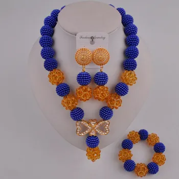 

royal blue and champagne gold african beads jewelry set FZZ102