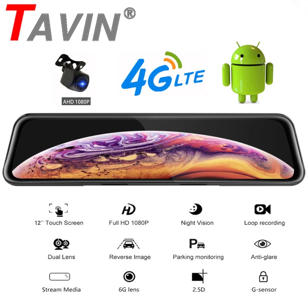 Автомобильный видеорегистратор 2020 12 дюймов 4G Android зеркало заднего вида HD 1080P GPS WIFI
