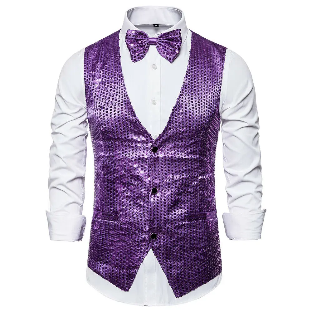 6 Styles Men Wedding Stage Show Gold Shiny Sequins Bow Vest Waistcoat Blue Black Silver Suit Vest Gilet Homme Classic Vests 2Pcs 4
