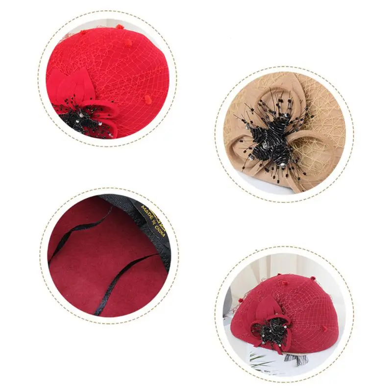 Womens Vintage Winter Autumn Formal Party Beret Cap Faux Wool Flower Mesh Embellished Cocktail Banquet Costume Elegant Hat LX9E