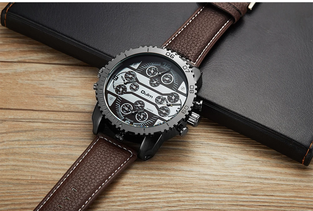 OULM Мужские Часы Авиатор военный DZ кварцевые наручные часы с кожаным ремешком 4 часовых пояса негабаритный Шестеренчатый ободок+ подарочная коробка