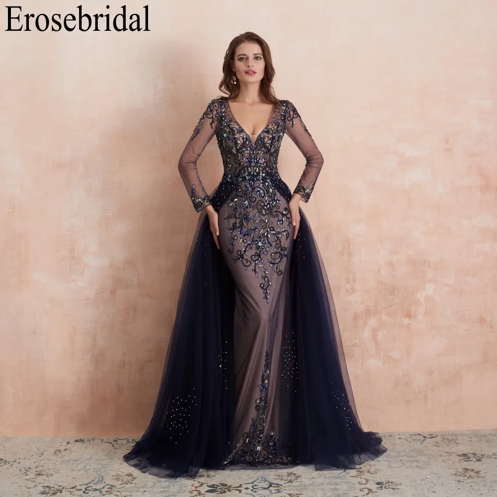 Женское вечернее платье на молнии Erosebridal темно синее длинное ТРАПЕЦИЕВИДНОЕ