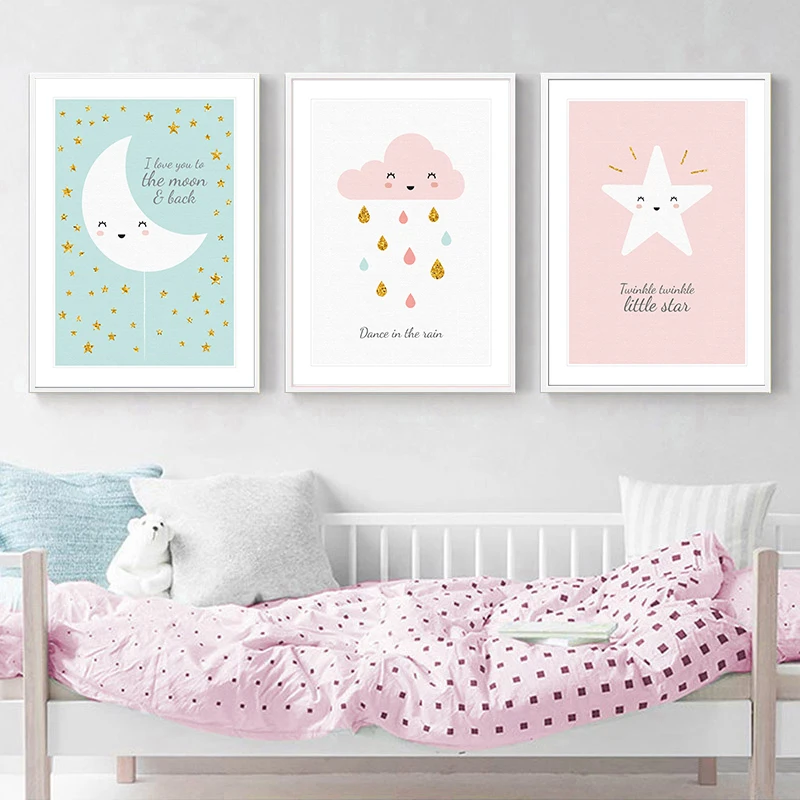 Pop Art Baby Girl Bedroom Canvas Art Painting Moon Cloud Little Star
