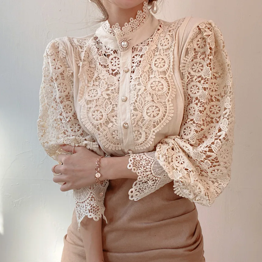 Spring Women Hollow Blouse Elegant Victorian Vintage Palace Lace Ruffles Neck Shirts Long Sleeve Lolita Crochet Style Soft Shirt women gothic lolita birdcage 5 hoop petticoat underskirt medieval victorian circle fishbone crinoline pannier