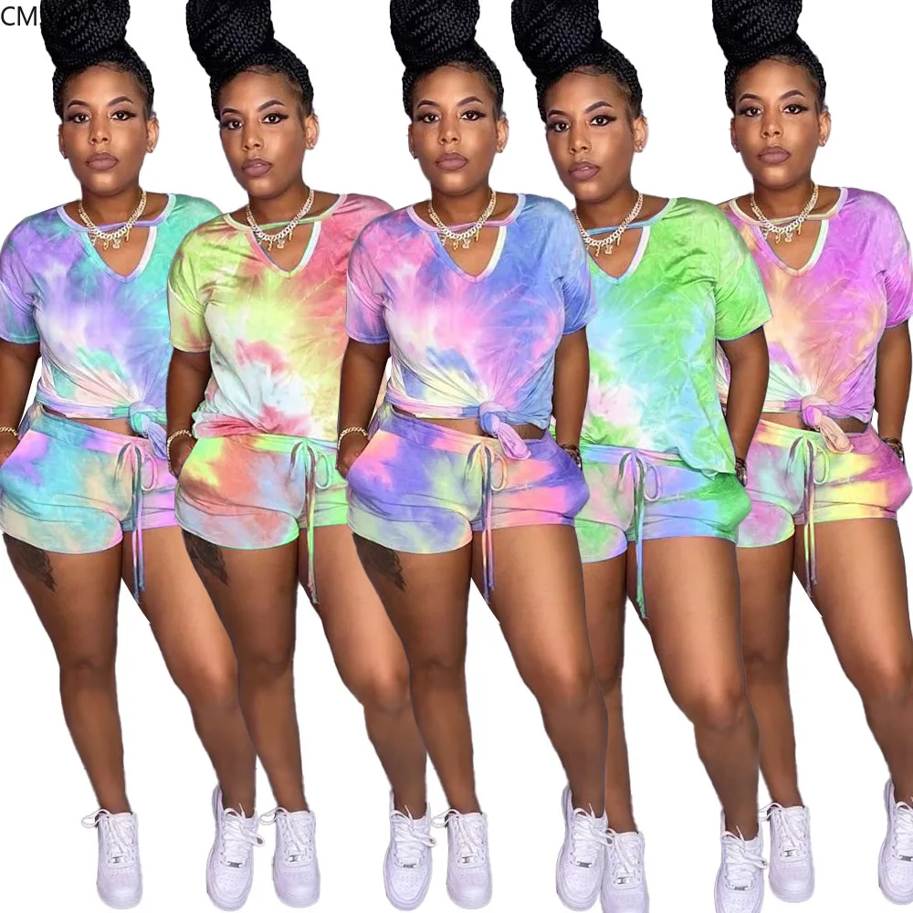 

Women Summer Tie Dye Print Tracksuit Short Sleeve Pullover T Shirt Tops and Loose Hot Pants Shorts Womens Tracksuits 2 Piece Set