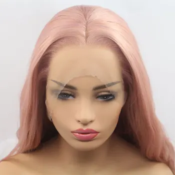 

Mix Smoke Pink Body Wave Synthetic 13*3 Inch Lace Front Wig Heat Resistant Fiber Hair Middle Part Natural Hairline For Women Wig