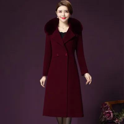 wine red Лацкан Лисий мех воротник Женское шерстяное пальто куртки модные высококачественные элегантные длинные тонкие зимние пиджаки Casaco feminino Плюс Размер f1613 - Цвет: wine red