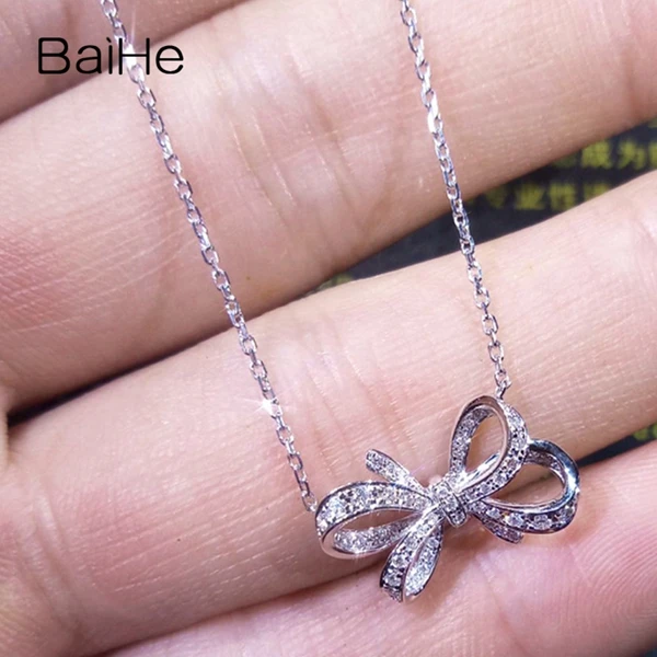 BAIHE Solid 18K Белое Золото 0.16ct Сертифицированный один круглый надрез натуральные бриллианты свадебные ювелирные украшения ожерелья