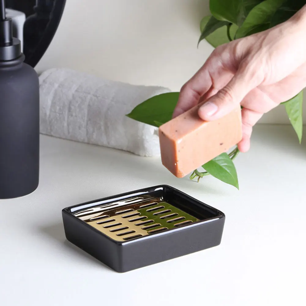 

11.5*8.7*3cm Modern Style Double Layers Draining Soap Box Ceramic Soap Dish Stainless Steel Soap Holder