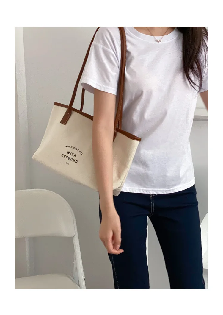 Ladies Canvas Shoulder Bag Female Retro PU Stitching Drawstring Design Totes Trend Large-Capacity Casual Travel Bag for Women women's bags on sale	