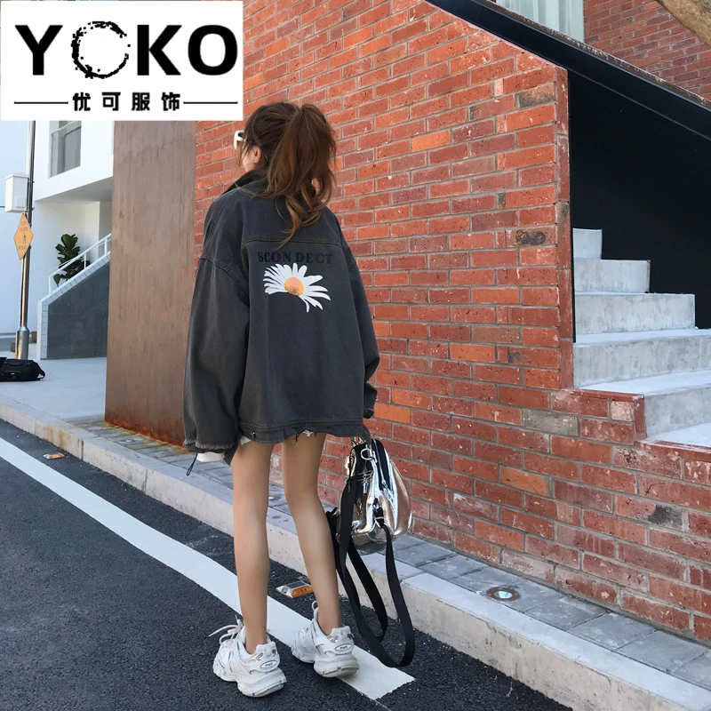 YOKO Женская негабаритная джинсовая куртка с воротником бойфренд джинсовая куртка с нагрудным карманом шикарный стиль пэчворк уличная куртка плюс