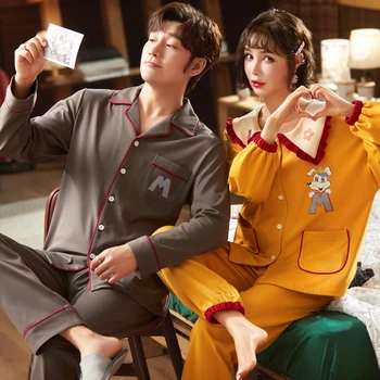 

Couple Pajamas Women Men Cotton Top Pants Set Pijama Mujer Long Lapel Sweet Female Homewear Black Large Size