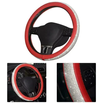 

1* Red Faux Leather Car Steering Wheel Cover + 1 * Crystals Rhinestones Start Engine Ring Decor Kit Car Accessory