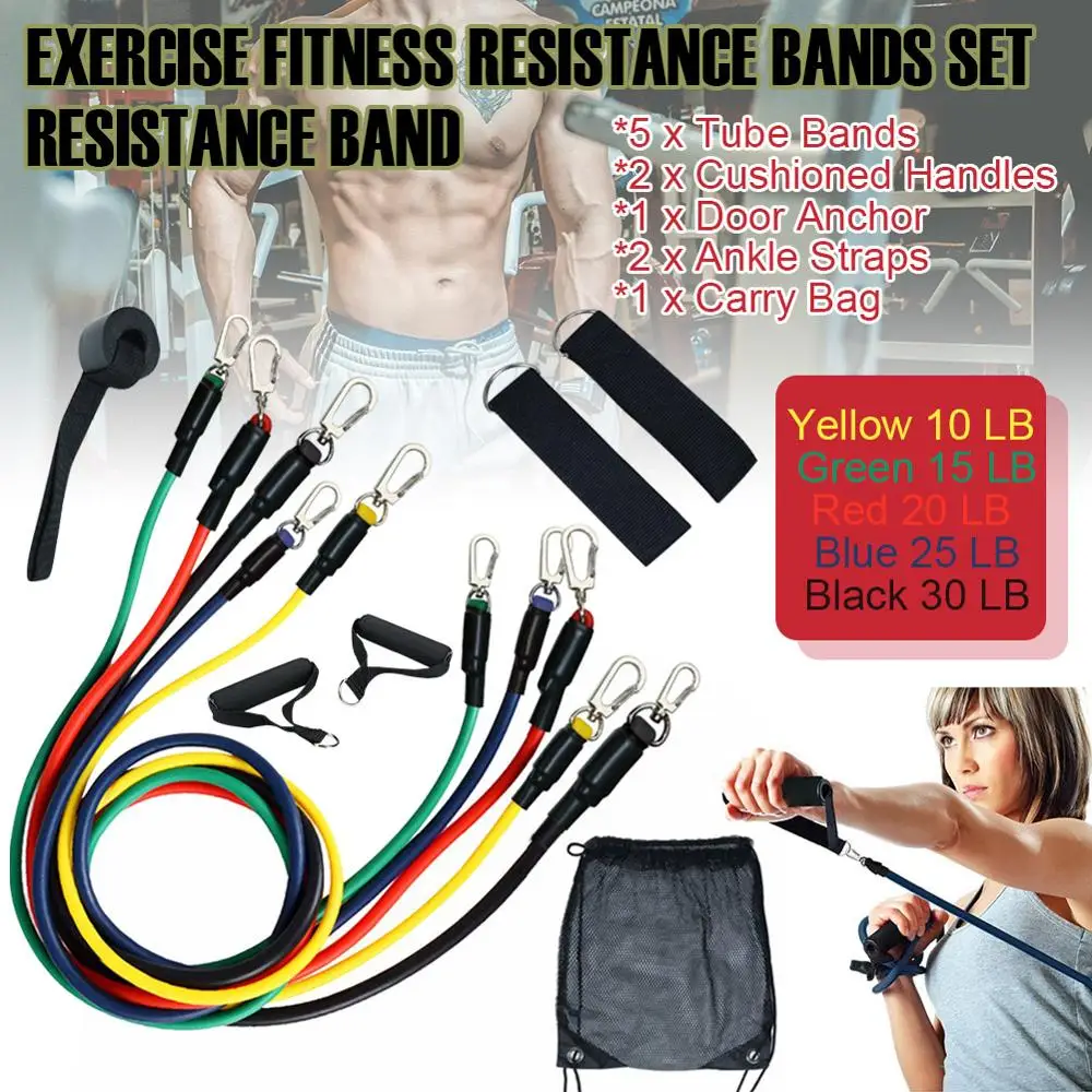 

11 Pcs/Set Latex Resistance Bands Crossfit Training Exercise Yoga Tubes Pull Rope,Rubber Expander Elastic Bands Fitness with Bag