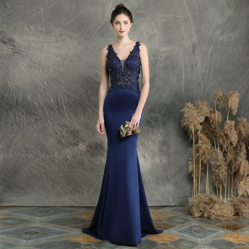 Navy Blue YIDINGZS темно-синее с v-образным вырезом с аппликацией из бисера длинное вечернее платье прозрачное элегантное вечернее платье YD16158 - Цвет: Navy Blue