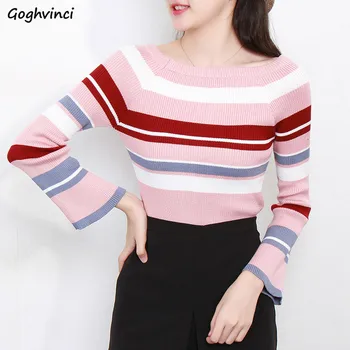

Winter Clothes Women Sweater Pink Clothing Striped Flare Sleeve Womens Sweaters Casual Slim Fit Korean Fashion Hot Sale Elegant