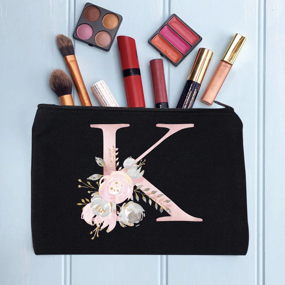 Women's Cosmetic Makeup Bags Female Organizer Pink Flower 26 Letters School Pencil Cases Carrying Bag for Coin Purse