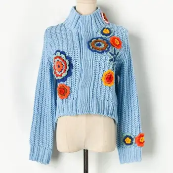 

Winter Turtleneck Sweater Women Jumper Vintage Thick Warm Needle 3D Hand Hook Flower Embroidery Short Knit Sweater