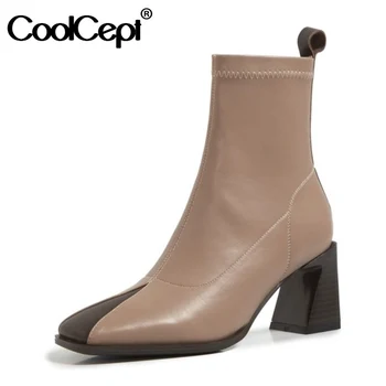 

Coolcept Genuine Leather Women Ankle Boots Fashion Stretch Boots Mixed Color Winter Shoes Woman Casual Daily Footwear Size 33-40