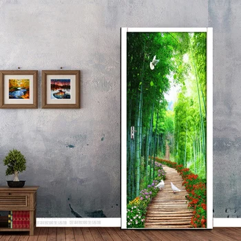 

PVC Waterproof Self-Adhesive Door Sticker Green Wooden Board Road Wallpaper For Living Room Door Wall Decals Mural Wall Stickers