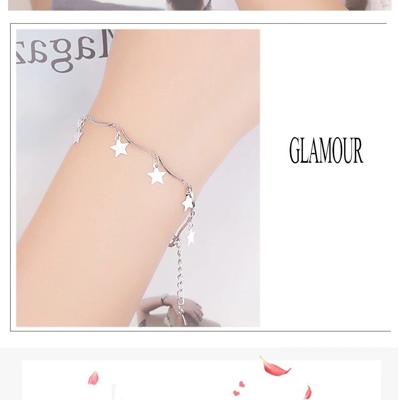 Sweet and Cute Five-Pinted Star silver bracelet Starry Literary Student 925 Sterling For women Boho Beach Bangle Jewelry Gift