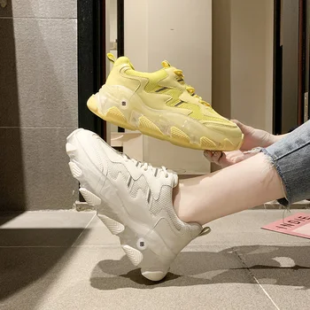 

2020 spring new net red lace crystal jelly thick bottom wedge with Korean super fire casual sports shoes yellow women's shoes