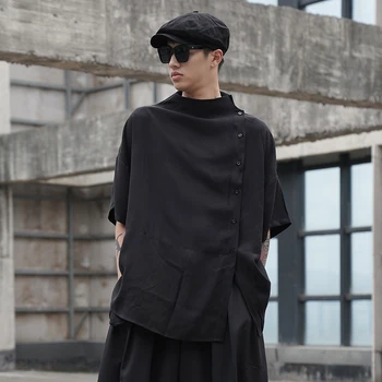

Male Japan Dark Black Style Streetwear Hip Hop Gothic Shirt Men Summer Short Sleeve Stand Collar Casual Loose Shirt