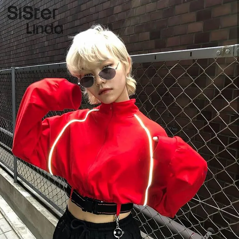 Sisterlinda толстовки на молнии с капюшоном женские модные полосатые укороченные топы Mujer осень светоотражающие полосы с ремешком спортивная одежда