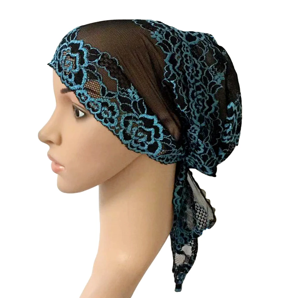 Женский мусульманский Внутренний кружевной колпачок, арабский кружевной исламский головной убор, тюрбан после химиотерапии, шапка, накидка, арабский цветок, кружевной тюрбан, шапка Рамадана - Цвет: 68 Black Blue