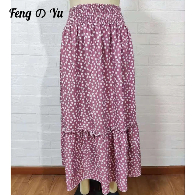 Fashion Bohemian Long Skirt Women's Elegant Holiday Summer Casual High Elastic Waist Skirt Floral Print Sea Blue Retro Skirt Pink