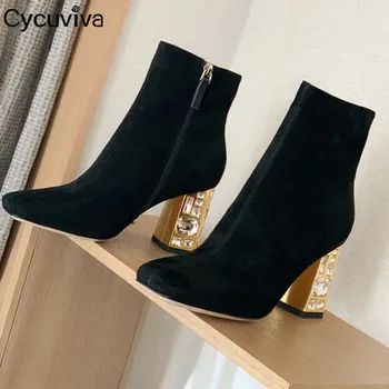 

Luxury Crystal High Heel Ankle Boots For Women Black Suede Women's Short Boots Runway Party Ladies Shoes Square Toe Chunky Boots