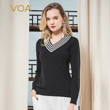 

VOA Pure Cashmere Black Rove 12-Pin 26 Pieces Two String White Striped V-neck Thread Long Sleeve College-Style Pullover RLB527