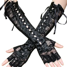 Women Gloves Long Fishnet Mesh Gloves Arm Sleeve Lace Bandage Half-Finger Gloves Satin Ribbon Ties Up Cool Gothic Punk Gloves