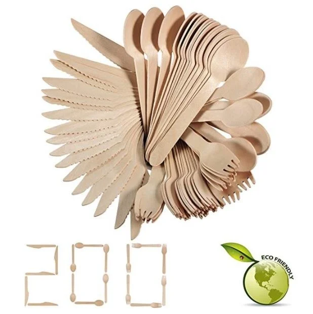 

Disposable BPA FREE Wooden Tableware - 200 Piece with 100 Forks, 50 Spoons, and 50 Knives-Go Green Camping and Party Supplies