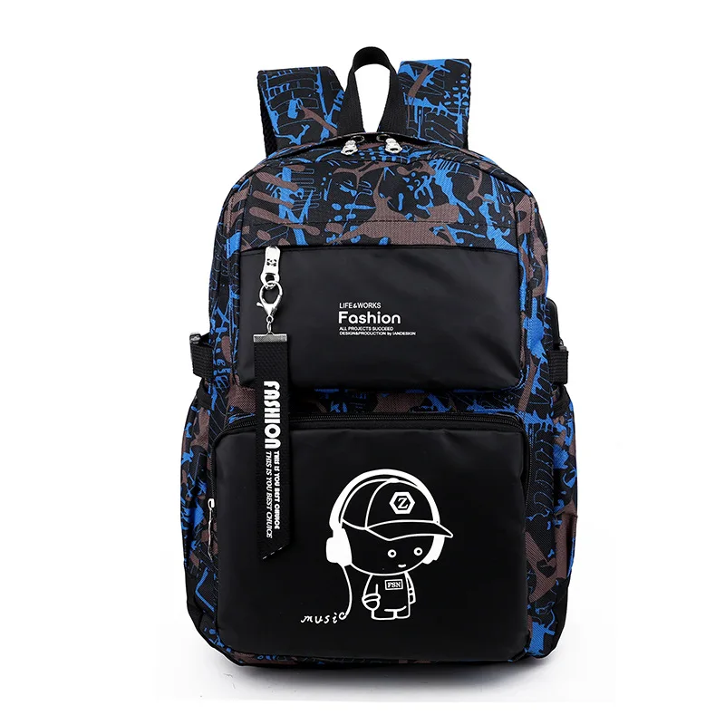 

Hot Selling Fashion Cartoon Printed Shoulder School Bag Night Light Waterproof Nylon Chargeable STUDENT'S Backpack