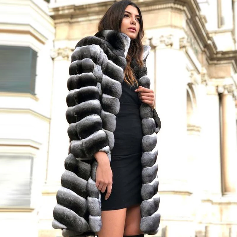 Размера плюс S-8XL зимнее толстое Шиншилла Цвет натуральный мех пальто для женщин натуральная Шуба из кролика рекс пальто куртка длинный стиль