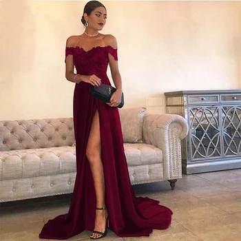 

Off The Shoulder Long Prom Dresses With Appliques Slit Formal Banquet Party Dress 2020 Elegant A-line Wedding Guest Women Gowns