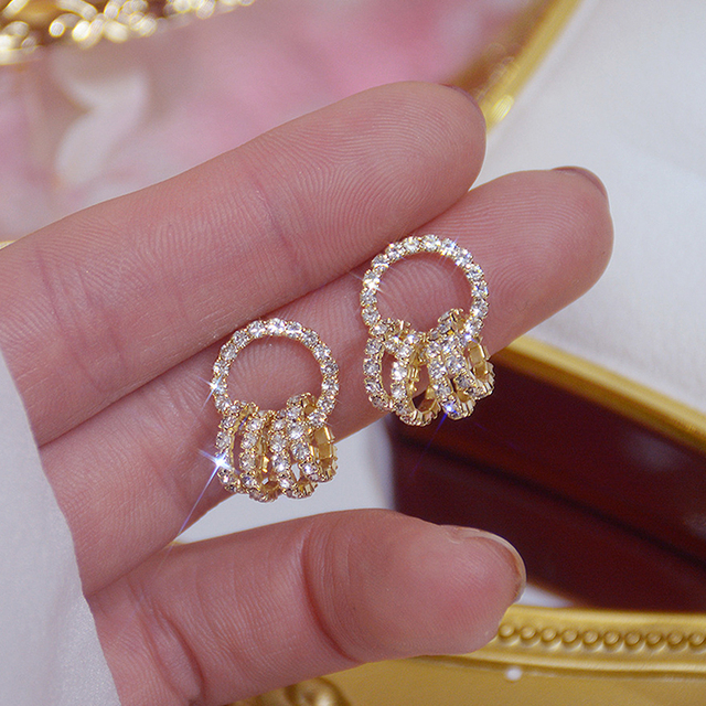 Korea Sweet Cute Flower Crystal Temperament Geometric Shiny Zircon Earrings Statement Earrings for Women Girl Pendientes