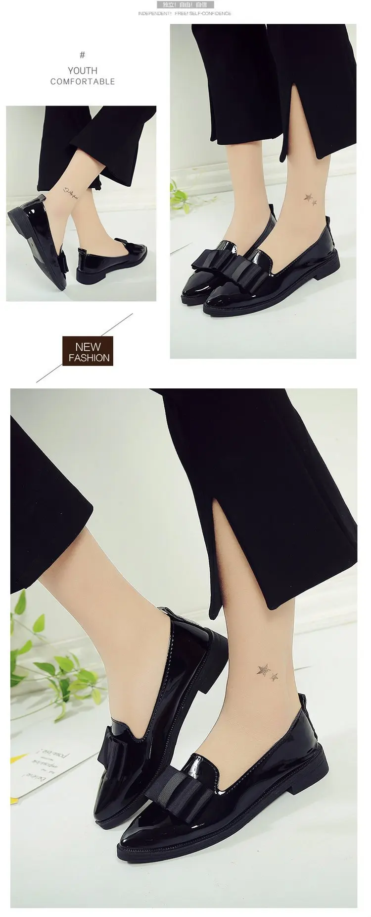 New Style Bow Korean-style Versitile Fashion Bright Surface Pointed-Toe Flat Heel Low-Cut Slip-on Shoes Manufacturers Direc
