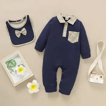 

Newborn Infant Baby Lapel Gentleman Long Sleeve Romper Jumpsuit Bow Bibs Set Toddler Autumn And Winter Outfits Clothes