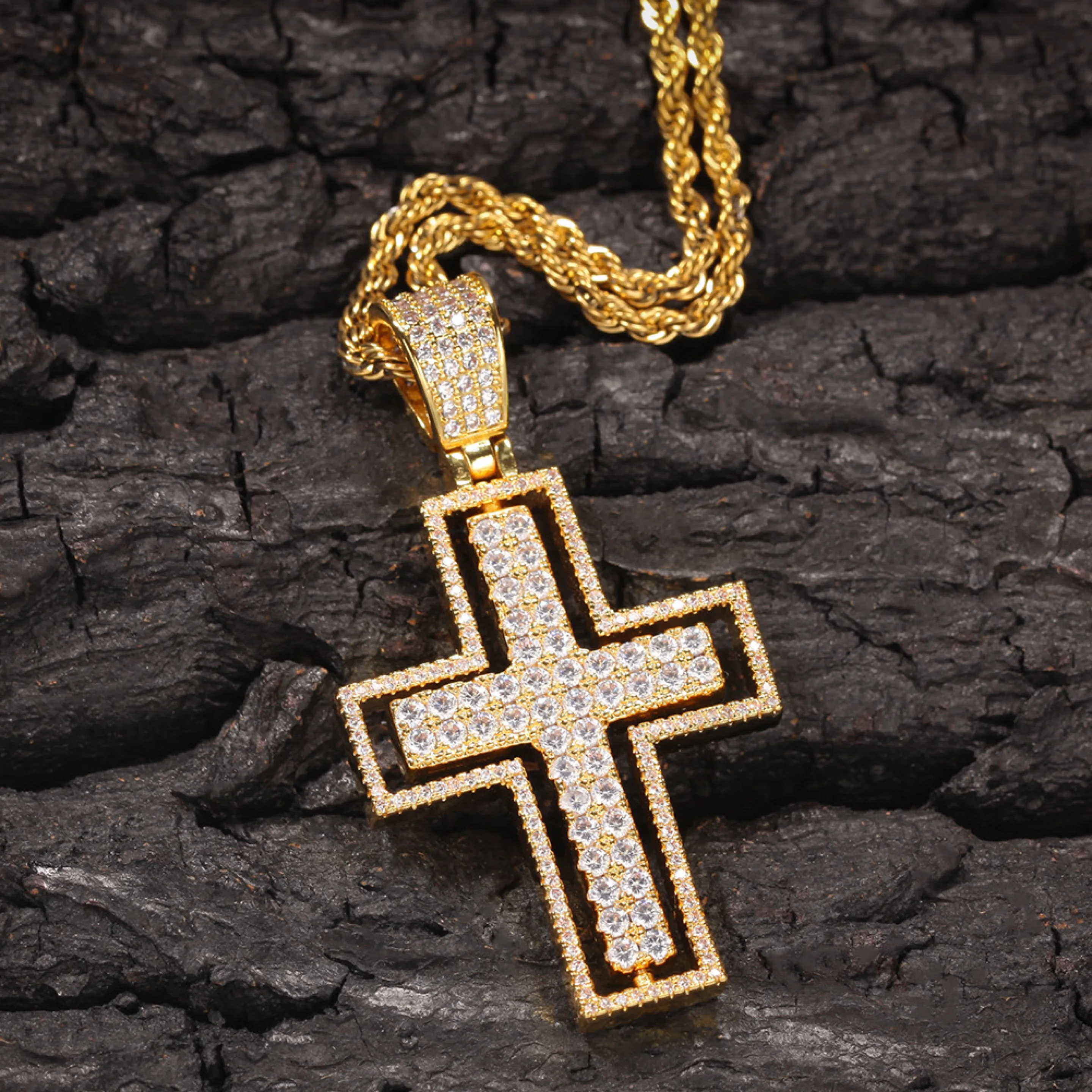 Bling Iced Out Двусторонняя может носить вращающиеся крест подвески ожерелье Золото