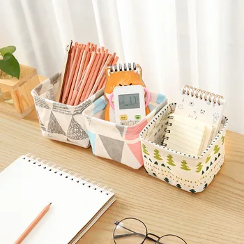 

Recutanglar Cotton Linen Desktop Storage Basket Sundries Storage Box with Handle Linen Desk Container Makeup Organizer Case