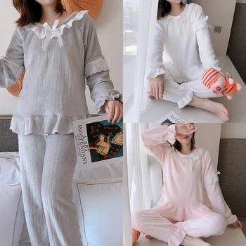 

2020 Winter Sweet Princess Lace Long Sleeve Thick Warm Flannel Pajama Set For Women Coral Velvet Sleepwear Homewear Home Clothes