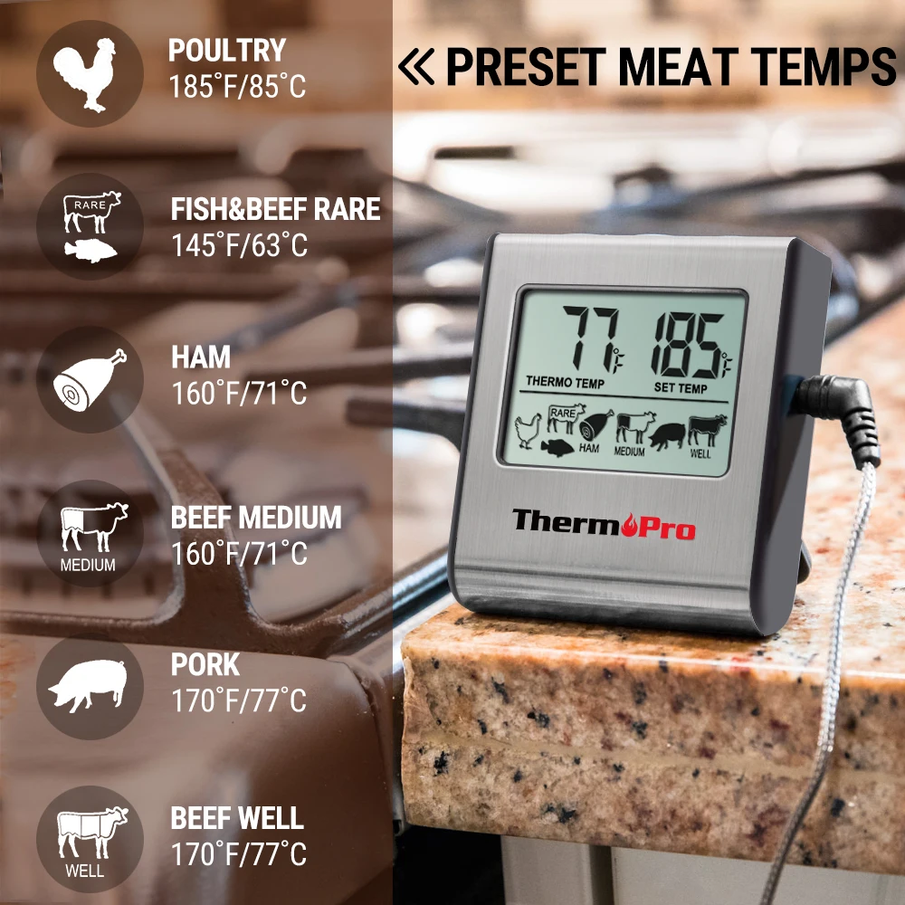 ThermoPro TP16 цифровой термометр для барбекю, мяса, гриль, духовка, термомет с таймером и зондом из нержавеющей стали, Кухонный Термометр для приготовления пищи