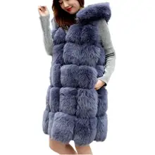 Зимний 90 см толстый теплый меховой жилет из искусственного серебра лисы с капюшоном Женский жилет из искусственного меха пальто длинное меховое пальто куртка