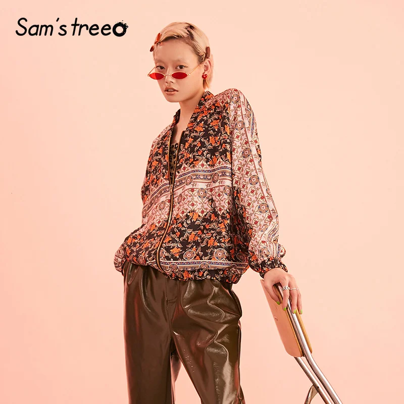  Samstree Vintage Floral Print Women Coats2019 Autumn New Streetwear Fashion Female Jackets Casual L