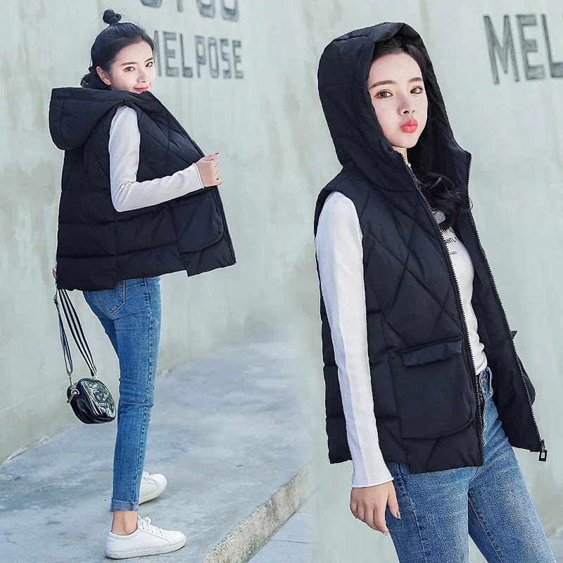 

Down Feather Cotton Vest Female Winter Short 19 Years New Style Korean-style Versatile Loose-Fit Waistcoat Vest down Coat Hooded