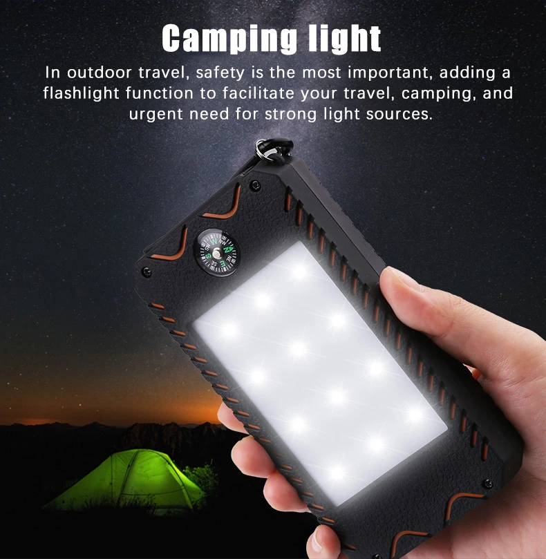  Hot Sell 30000mAh Solar Power Bank Dustproof Waterproof Portable Charger with LED Compass for Xiaom